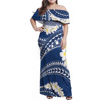 Polynesian Vintage Floral Family Matching Off Shoulder Maxi Dress and Hawaiian Shirt Navy Blue Motifs - Polynesian Pride