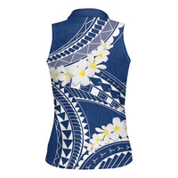Polynesian Vintage Floral Women Sleeveless Polo Shirt Navy Blue Motifs - Polynesian Pride