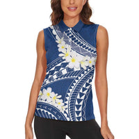 Polynesian Vintage Floral Women Sleeveless Polo Shirt Navy Blue Motifs - Polynesian Pride