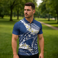 Polynesian Vintage Floral Zipper Polo Shirt Navy Blue Motifs - Polynesian Pride