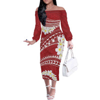 Polynesian Vintage Floral Off The Shoulder Long Sleeve Dress Scarlet Motifs - Polynesian Pride