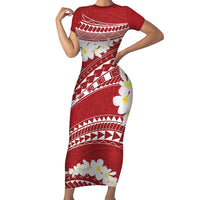Polynesian Vintage Floral Short Sleeve Bodycon Dress Scarlet Motifs LT7 Long Dress Scarlet - Polynesian Pride