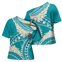 Polynesian Vintage Floral Cross Shoulder Shirt Teal Motifs - Polynesian Pride