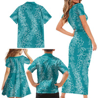 Hawaii Plumeria Lei Family Matching Short Sleeve Bodycon Dress and Hawaiian Shirt Aloha Festive Vibe - Teal LT7 - Polynesian Pride