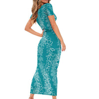 Hawaii Plumeria Lei Family Matching Short Sleeve Bodycon Dress and Hawaiian Shirt Aloha Festive Vibe - Teal LT7 - Polynesian Pride