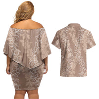 Hawaii Plumeria Lei Couples Matching Off Shoulder Short Dress and Hawaiian Shirt Aloha Festive Vibe - Beige LT7 - Polynesian Pride