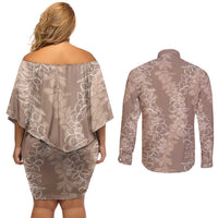 Hawaii Plumeria Lei Couples Matching Off Shoulder Short Dress and Long Sleeve Button Shirt Aloha Festive Vibe - Beige