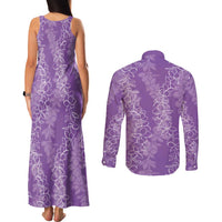 Hawaii Plumeria Lei Couples Matching Tank Maxi Dress and Long Sleeve Button Shirt Aloha Festive Vibe - Violet