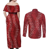 Hawaii Plumeria Lei Couples Matching Off Shoulder Maxi Dress and Long Sleeve Button Shirt Aloha Festive Vibe - Crimson