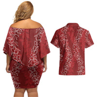 Hawaii Plumeria Lei Couples Matching Off Shoulder Short Dress and Hawaiian Shirt Aloha Festive Vibe - Crimson LT7 - Polynesian Pride