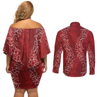 Hawaii Plumeria Lei Couples Matching Off Shoulder Short Dress and Long Sleeve Button Shirt Aloha Festive Vibe - Crimson