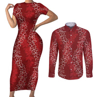 Hawaii Plumeria Lei Couples Matching Short Sleeve Bodycon Dress and Long Sleeve Button Shirt Aloha Festive Vibe - Crimson LT7 Crimson - Polynesian Pride