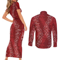 Hawaii Plumeria Lei Couples Matching Short Sleeve Bodycon Dress and Long Sleeve Button Shirt Aloha Festive Vibe - Crimson LT7 - Polynesian Pride