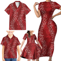 Hawaii Plumeria Lei Family Matching Short Sleeve Bodycon Dress and Hawaiian Shirt Aloha Festive Vibe - Crimson LT7 - Polynesian Pride