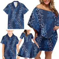 Hawaii Plumeria Lei Family Matching Off Shoulder Short Dress and Hawaiian Shirt Aloha Festive Vibe - Navy Blue