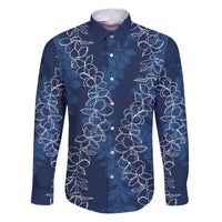 Hawaii Plumeria Lei Family Matching Puletasi and Hawaiian Shirt Aloha Festive Vibe - Navy Blue LT7 Dad's Shirt - Long Sleeve Navy Blue - Polynesian Pride
