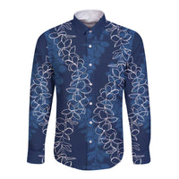 Hawaii Plumeria Lei Long Sleeve Button Shirt Aloha Festive Vibe - Navy Blue