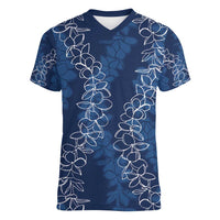 Hawaii Plumeria Lei Women V-Neck T-Shirt Aloha Festive Vibe - Navy Blue