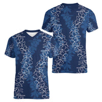 Hawaii Plumeria Lei Women V-Neck T-Shirt Aloha Festive Vibe - Navy Blue
