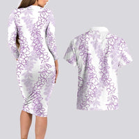 Hawaii Plumeria Lei Couples Matching Long Sleeve Bodycon Dress and Hawaiian Shirt Aloha Festive Vibe - Amethyst