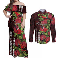 Hawaii Mele Kalikimaka Kakau Couples Matching Off Shoulder Maxi Dress and Long Sleeve Button Shirt I'iwi Bird on Ohia Lehua