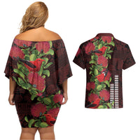 Hawaii Mele Kalikimaka Kakau Couples Matching Off Shoulder Short Dress and Hawaiian Shirt I'iwi Bird on Ohia Lehua