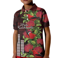 Hawaii Mele Kalikimaka Kakau Kid Polo Shirt I'iwi Bird on Ohia Lehua