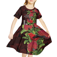 Hawaii Mele Kalikimaka Kakau Kid Short Sleeve Dress I'iwi Bird on Ohia Lehua