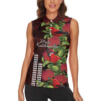 Hawaii Mele Kalikimaka Kakau Women Sleeveless Polo Shirt I'iwi Bird on Ohia Lehua