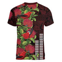 Hawaii Mele Kalikimaka Kakau Women V-Neck T-Shirt I'iwi Bird on Ohia Lehua