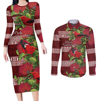 Hawaii Christmas Mele Kalikimaka Couples Matching Long Sleeve Bodycon Dress and Long Sleeve Button Shirt I'iwi Bird on Ohia Lehua