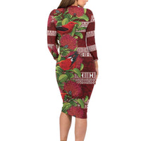 Hawaii Christmas Mele Kalikimaka Long Sleeve Bodycon Dress I'iwi Bird on Ohia Lehua LT7 - Polynesian Pride