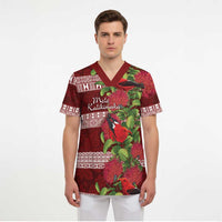 Hawaii Christmas Mele Kalikimaka Scrub Top I'iwi Bird on Ohia Lehua - Polynesian Pride