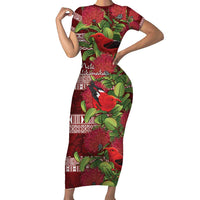 Hawaii Christmas Mele Kalikimaka Short Sleeve Bodycon Dress I'iwi Bird on Ohia Lehua LT7 Long Dress Red White - Polynesian Pride