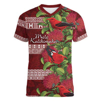 Hawaii Christmas Mele Kalikimaka Women V-Neck T-Shirt I'iwi Bird on Ohia Lehua LT7 Female Red White - Polynesian Pride