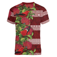 Hawaii Christmas Mele Kalikimaka Women V-Neck T-Shirt I'iwi Bird on Ohia Lehua LT7 - Polynesian Pride