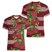 Hawaii Christmas Mele Kalikimaka Women V-Neck T-Shirt I'iwi Bird on Ohia Lehua LT7 - Polynesian Pride