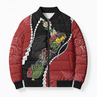 New Zealand Christmas Bomber Puffer Jacket Flora Map with Birds - Polynesian Pride