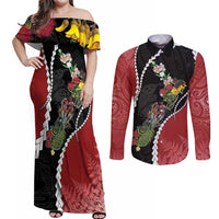 New Zealand Christmas Couples Matching Off Shoulder Maxi Dress and Long Sleeve Button Shirt Flora Map with Birds - Polynesian Pride