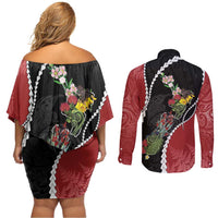 New Zealand Christmas Couples Matching Off Shoulder Short Dress and Long Sleeve Button Shirt Flora Map with Birds - Polynesian Pride