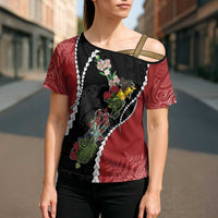 New Zealand Christmas Cross Shoulder Shirt Flora Map with Birds - Polynesian Pride