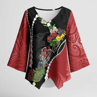 New Zealand Christmas Kimono Sleeve Blouse Flora Map with Birds - Polynesian Pride