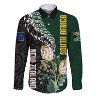 Custom South Africa Mix New Zealand Rugby 2023 Family Matching Off Shoulder Short Dress and Hawaiian Shirt World Cup Greatest Rivalry LT7 Dad's Shirt - Long Sleeve Black Green - Polynesian Pride