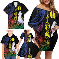 New Caledonia Kanaky Personalized Family Matching Off Shoulder Short Dress and Hawaiian Shirt Fleche Faitiere Mix Kagu
