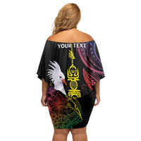 New Caledonia Kanaky Personalized Family Matching Off Shoulder Short Dress and Hawaiian Shirt Fleche Faitiere Mix Kagu