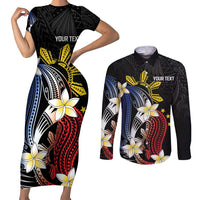 Personalized Philippines Tribal Couples Matching Short Sleeve Bodycon Dress and Long Sleeve Button Shirt Tropical Waves - Plumeria