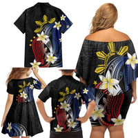 Personalized Philippines Tribal Family Matching Off Shoulder Short Dress and Hawaiian Shirt Tropical Waves - Plumeria
