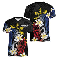 Personalized Philippines Tribal Women V-Neck T-Shirt Tropical Waves - Plumeria