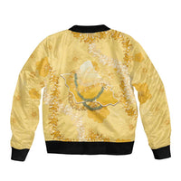 Hawaii Oahu Island Flowers Lei Bomber Jacket Yellow Ilima Mix Plumeria