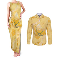 Hawaii Oahu Island Flowers Lei Couples Matching Tank Maxi Dress and Long Sleeve Button Shirt Yellow Ilima Mix Plumeria LT7 Yellow - Polynesian Pride